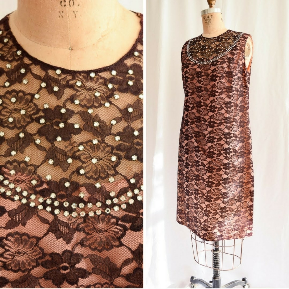 Vintage 1960s Rhinestone Studded Lace Shift Dress